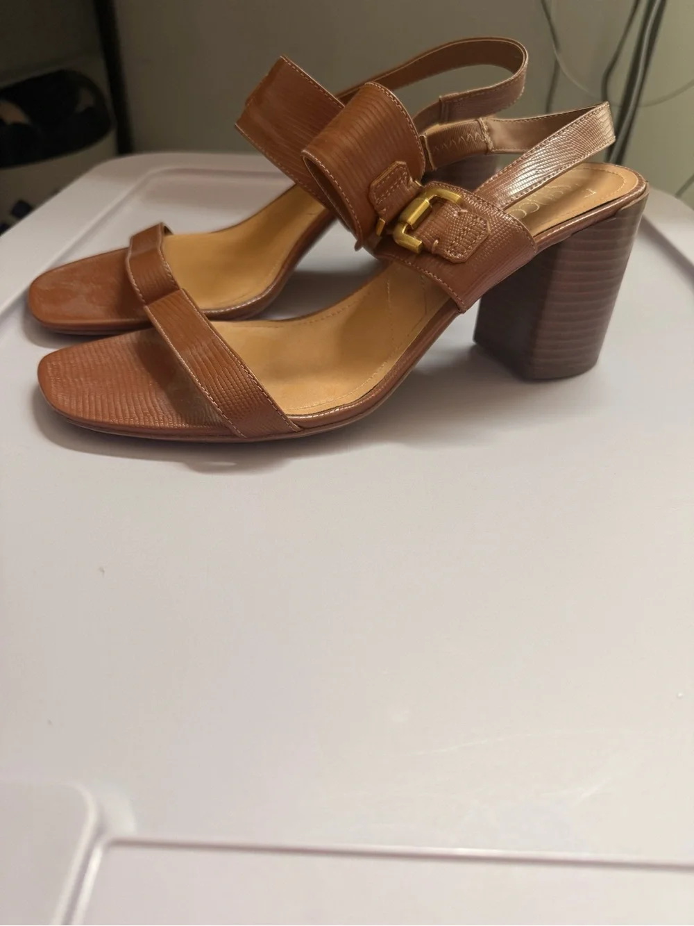 Franco Sarto Brown Textured Leather Block Heel Sandals